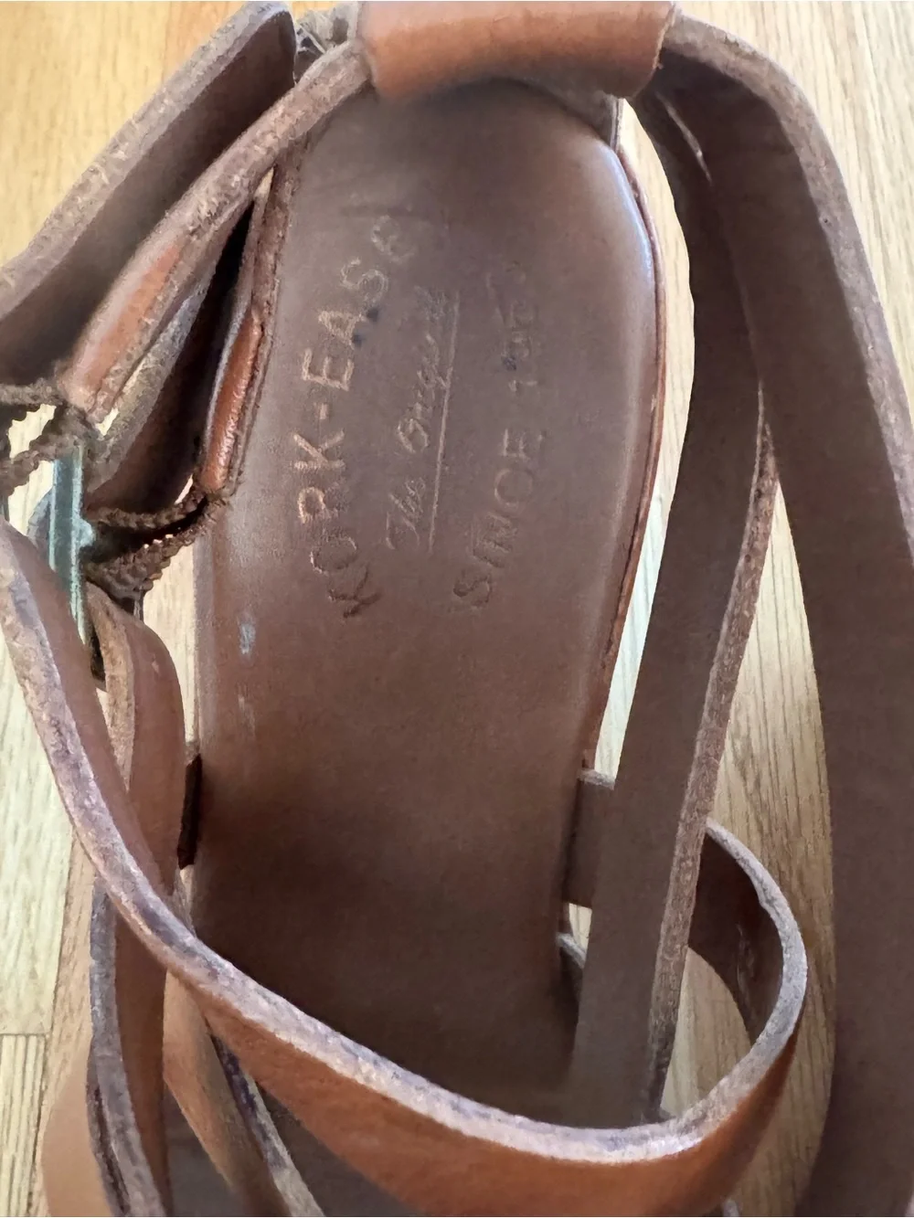 Kork-Ease Tan Brown Leather Crisscross Wedge Sandals